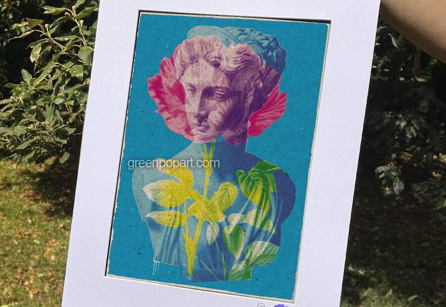 Pop-Art Print, Poster Abstract, Aesthetic, Vaporwave. Green Diana Bust with flowers in background.