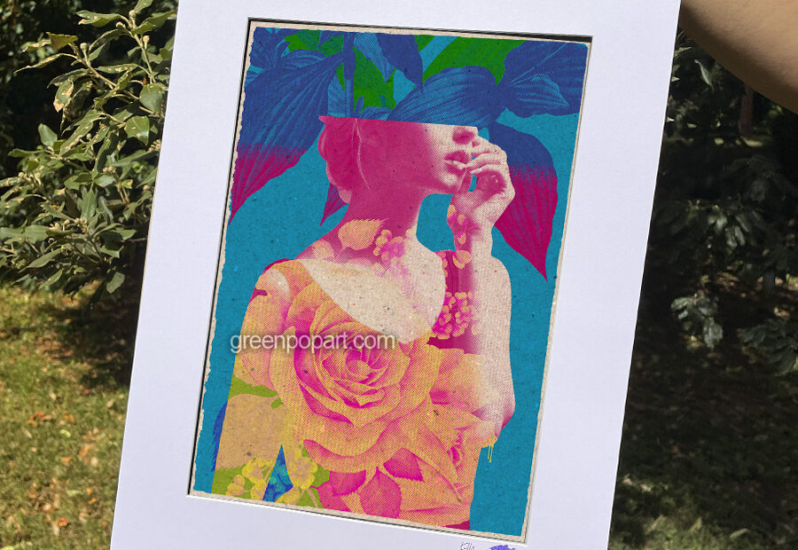 Pop-Art Print, Poster Abstract, Aesthetic, Vaporwave. Woman with flowers in background.