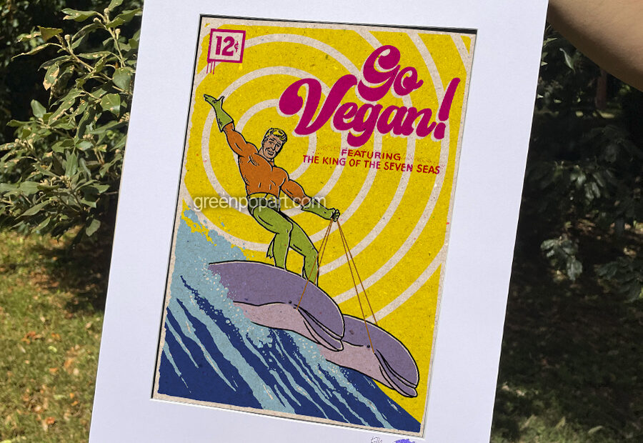 Pop-Art Print, Poster Go Vegan, Animal Love, Aquaman riding Dolphins, Humor, Comics