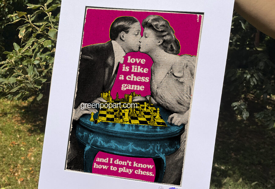 Pop-Art Print, Poster Kiss, Love is Like a Chess Game Collage Vintage Humor