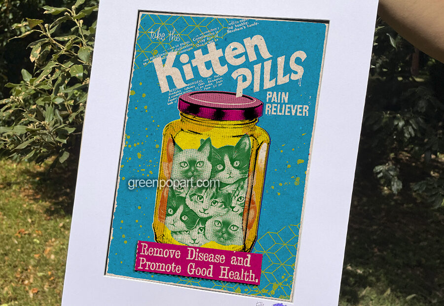 Pop-Art Print, Poster Kitten Pills Pain Reliever, Humor, Advertising, 50s, Cat Lover, Motivational