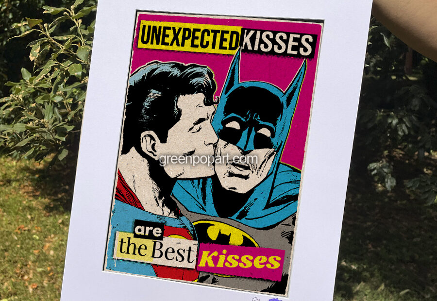 Pop-Art Print, Poster Lgbt Gay Rights Superman Batman Kiss, 80s, 90s, Cult Comics, Love, Relationships