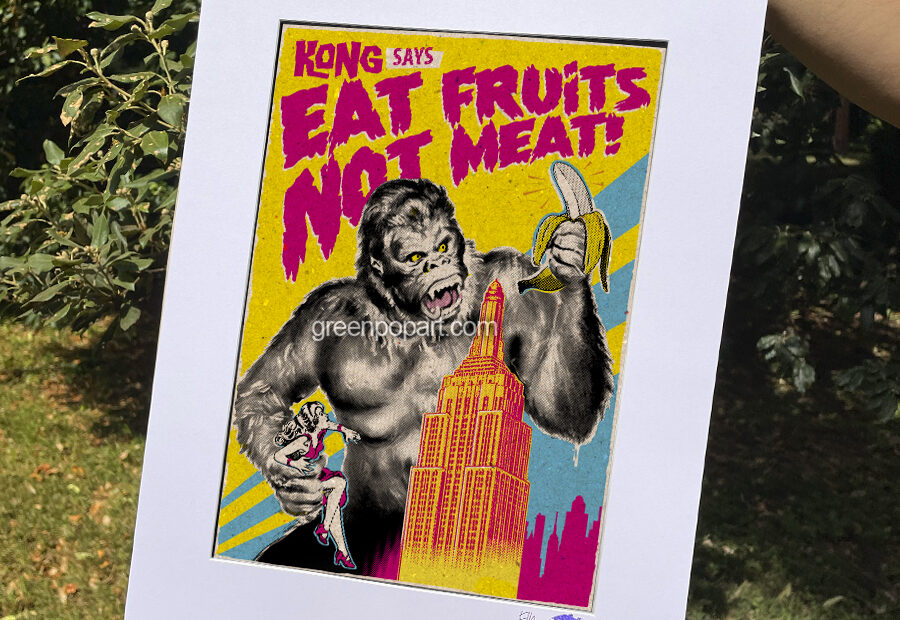 Pop-Art Print, Poster, Kong eats fruit not meat, Activism, Animal Rights, Animal Love, Veganism, Vegan, Movie Poster, Humor, plant based, Antispecism, Antispecismo, Vegan Gifts, 50s