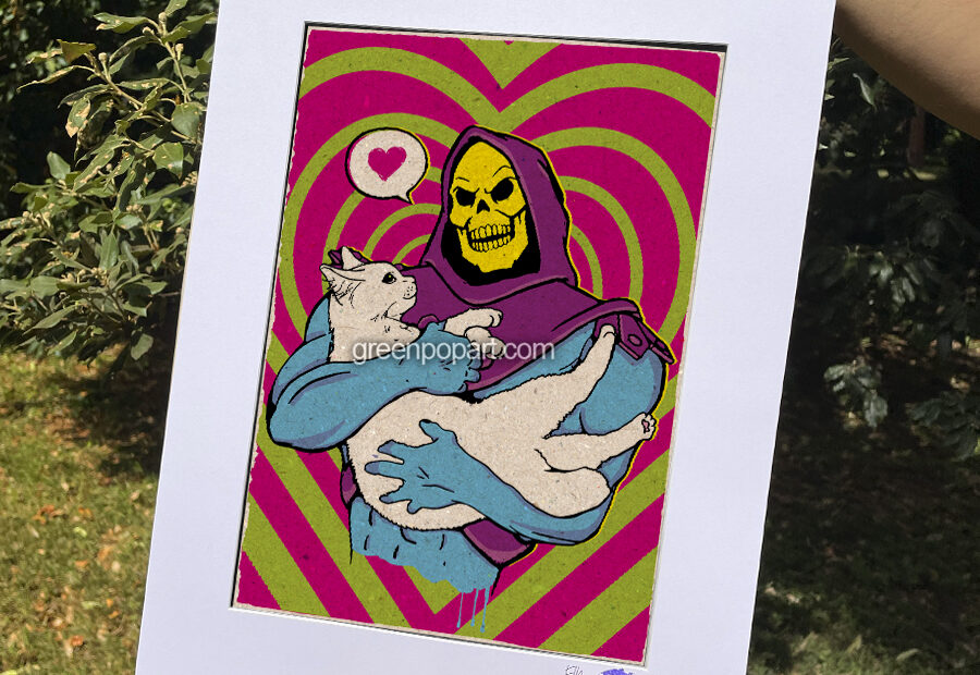 Skeletor Pet Love from Masters of the Universe Pop-Art Print, Poster Cult Comics, 80s, Humor, Cats, Animal Love, Tv Series, Motu